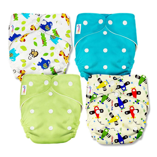 LILTOES 2 Printed & 2 Solid Cloth Diapers for Babies, Washable Reusable, Adjustable Sizes (4 Combo) (No Inserts Included)