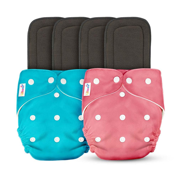 Liltoes Baby's All In One Washable Reusable Adjustable Cloth 2 Diapers With 4 Inserts (Assorted Colour)